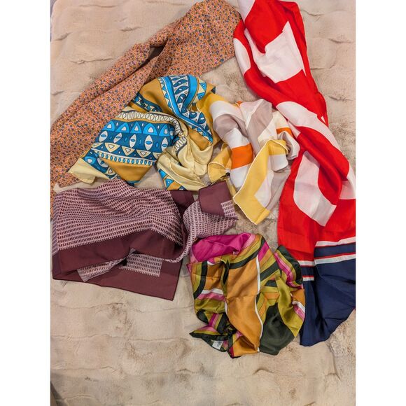 Accessories - Mixed Lot of 6 Vintage Scarves–Silk, Rayon, Polyester – Designer & Tagged Pieces